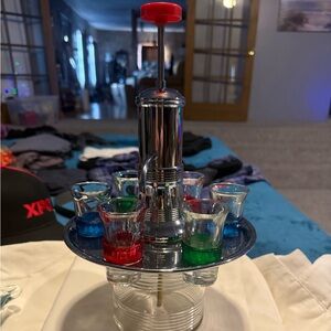 ElegantVTG MCM Chrome Liquor Decanter/ Dispenser Pump Shot Glasses Home Bar